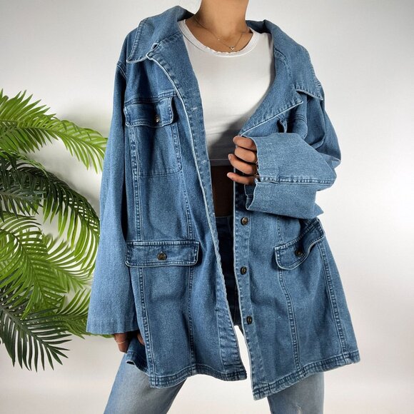 Vintage 90s Grunge Indie Casual Oversized Mid Wash Denim Utility Jacket / L - Picture 4 of 7